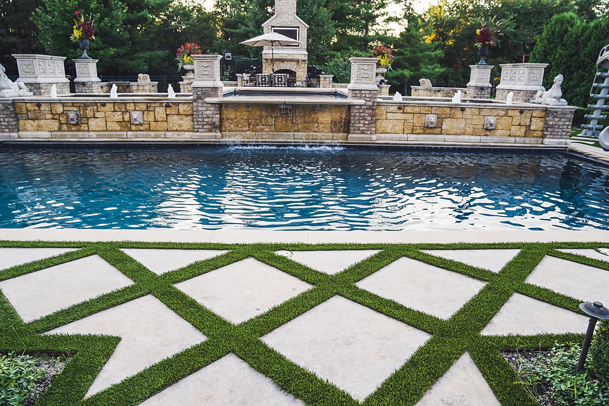 Backyard Pool Landscape Design with Artificial Grass from GroTurf, Inc.