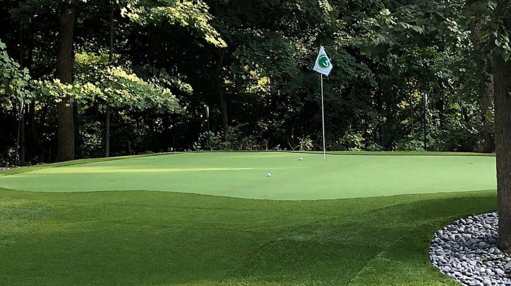 A two-colored backyard putting green area nearly flat. A white flag marks the hole.